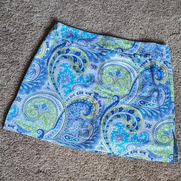 Vintage Dresses & Skirts - 00s VTG Blue Green Paisley Cotton Stretch Bow Skort Athleisure Golf Tennis Sz 14